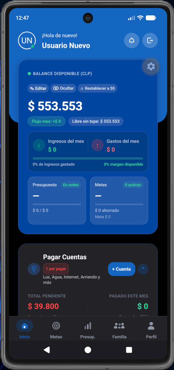 Pantalla de inicio de Finnova con balance de $553.553 CLP, ingresos, gastos, presupuesto, metas y cuentas por pagar.