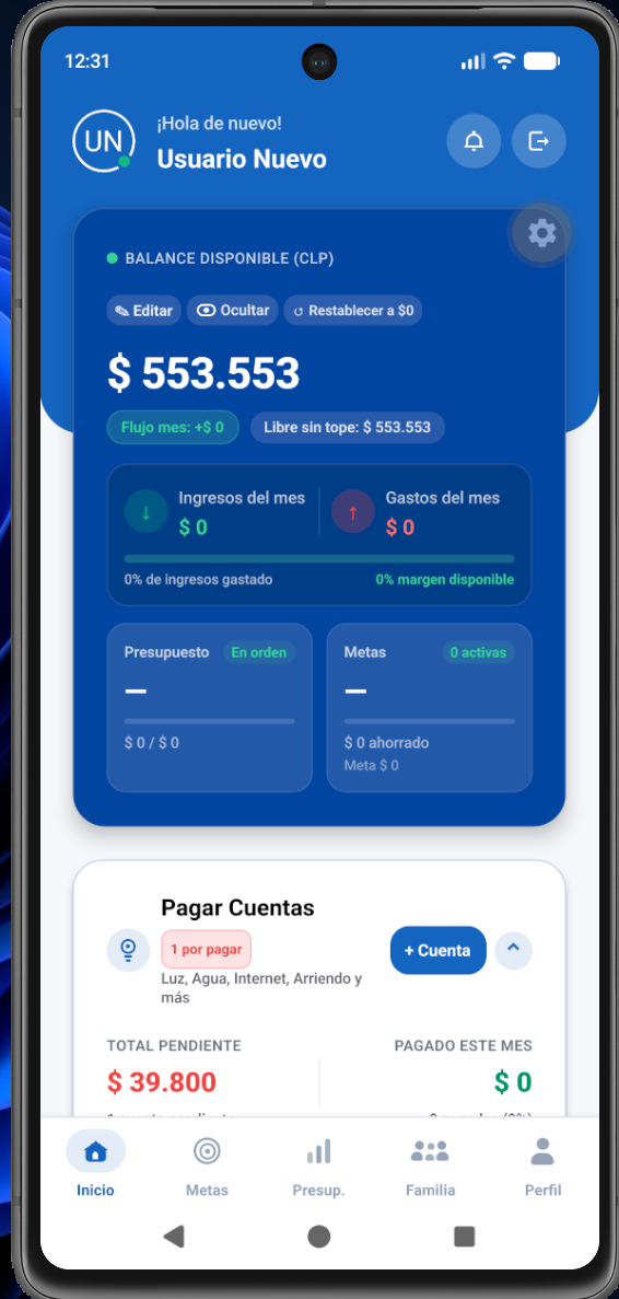 Pantalla de inicio de Finnova con balance de $553.553 CLP, ingresos, gastos, presupuesto, metas y cuentas por pagar.